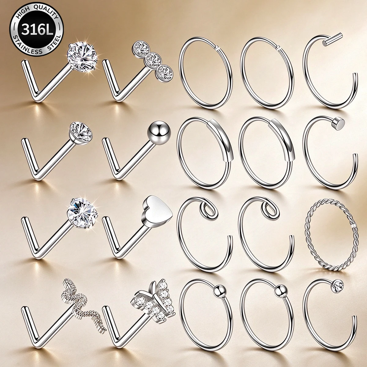 20Pcs 316L Stainless Steel Nose Rings L-Shaped Nose Studs & Hoop Rings Zirconia Snake Heart Round Butterfly Piercing Jewelry