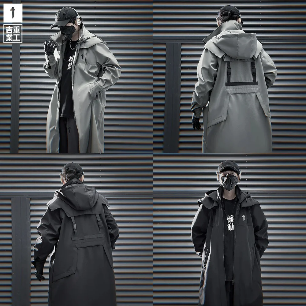 

2025 Men Tactical Trench Coat Windbreaker Long Loose Punk Functional Jacket Techwear