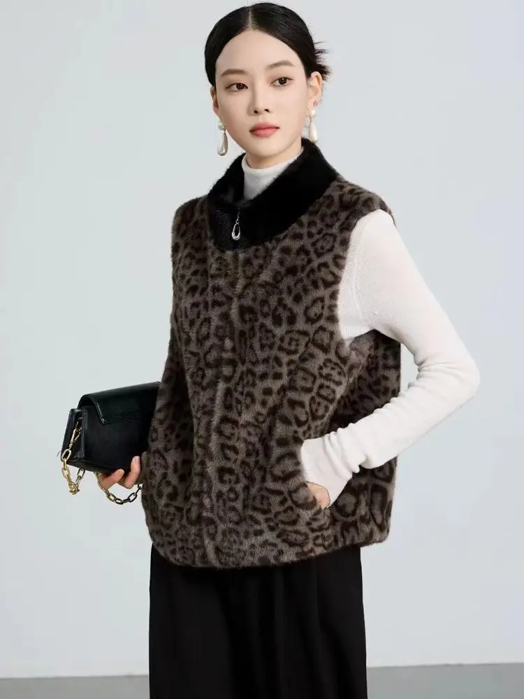 

Американский ретро леопардовый принт меховой вязаный жилет куртки воротник-стойка на молнии верхняя одежда без рукавов пальто модные зима-осень женские