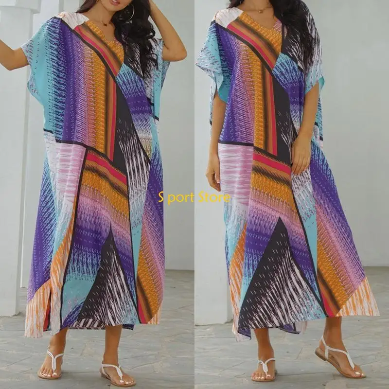 U2JB 女性エスニックプリントカフタンビーチドレスプラスサイズ水着カバーアップ水着