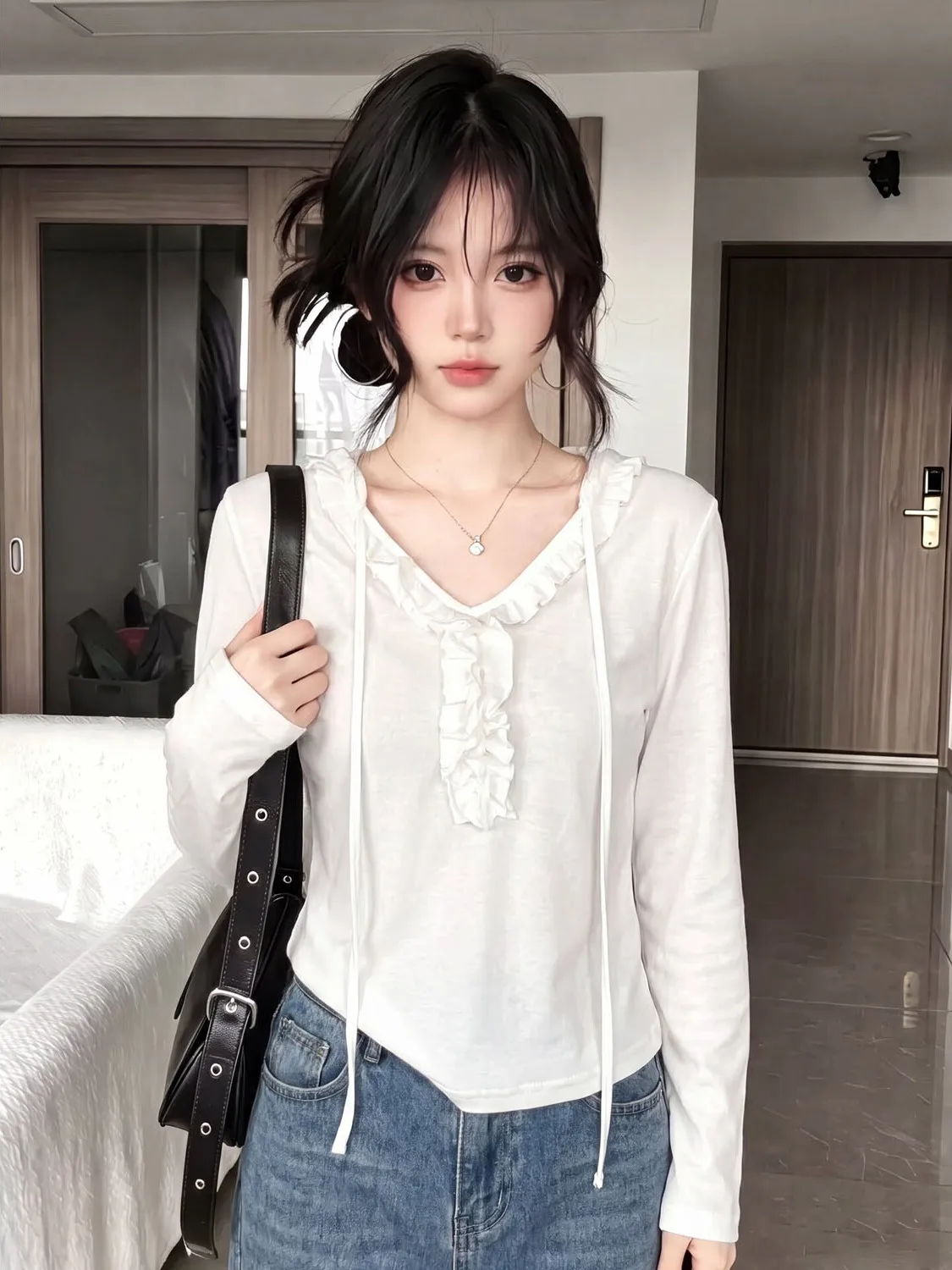 Loose Fit V-Neck Seven Sleeve T-Shirt Women's Korean Style White Wooden  Autumn New Design Slimming Shoulder Top