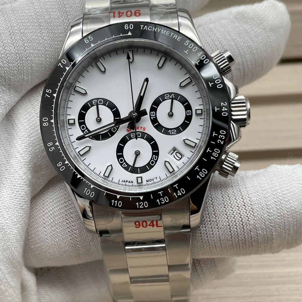 Luxury 40mm Panda VK63 Movement Sapphire Mirror Unmarked 904L Stainless Steel Strap Multifunctional Chronograph Quartz Watch