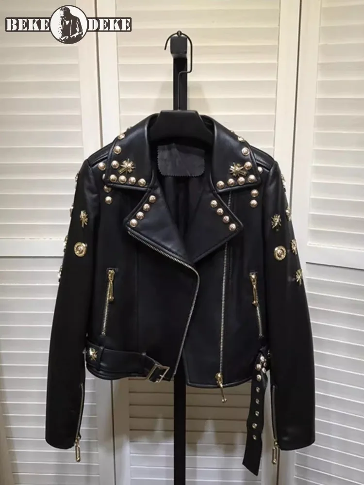 Veste en cuir véritable de style punk pour femme, manteau court de moto, fermeture éclair, revers, coupe couvertes, véritable peau de mouton, designer, printemps, automne, nouveau