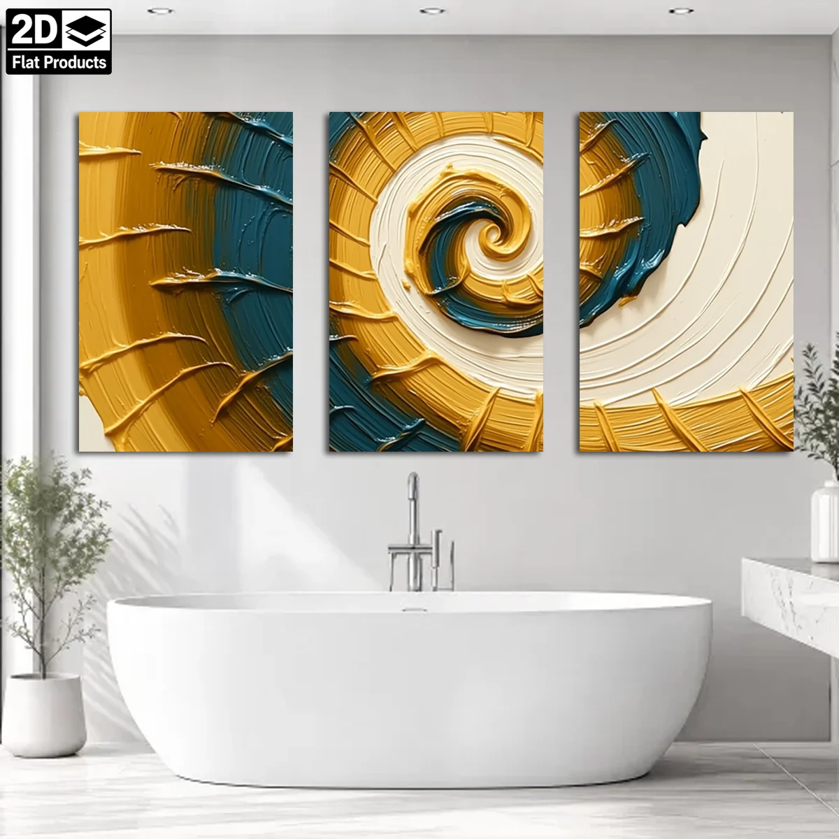 Frameless 3PCS 2D Decorative painting - Canvas painting - Three panels with spiral and wave patterns in yellow blue and white