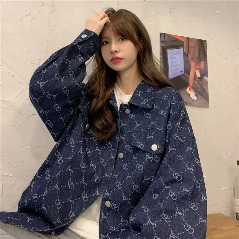 Luxury Brand High-end Denim Jackets Spring Autumn Cowboy Coat Women Vintage Print Long Sleeve Tops Streetwear Loose Design Trend