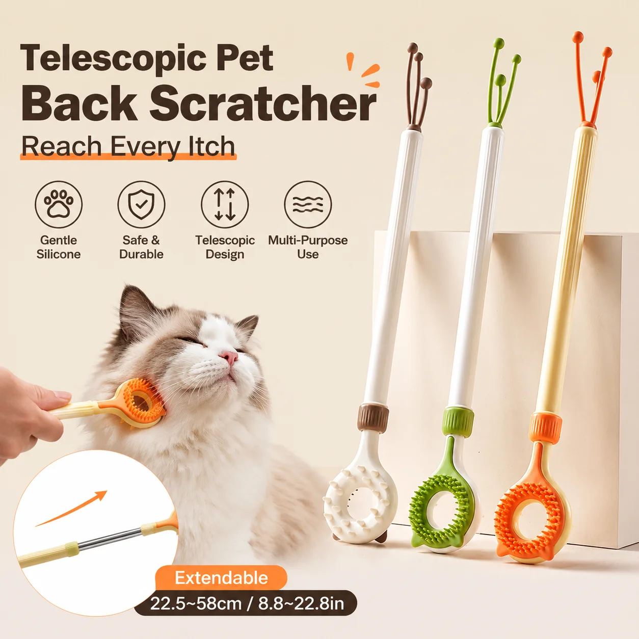 2 in 1 Telescopic Cat Back Scratcher Double Sided Silicone Pet Massager Itching Relief Wand Retractable Interactive Teaser Toy