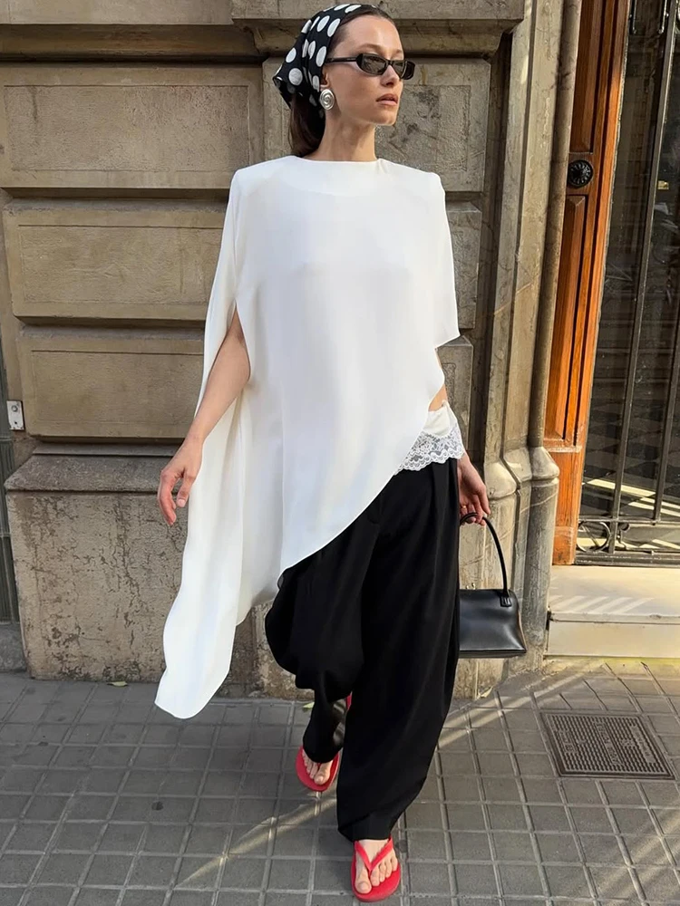 Trendix White Asymmetrical Cover Up For Women Fashion Ruffle Hem Loose Short Sleeve Shirts Casual Elegant Commuting Pullover Top