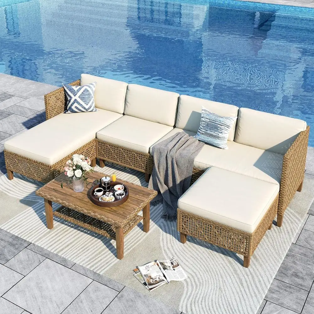

5-Piece Beige Wicker Outdoor Sectional Sofa Set with Ottoman and Acacia Wood Coffee Table