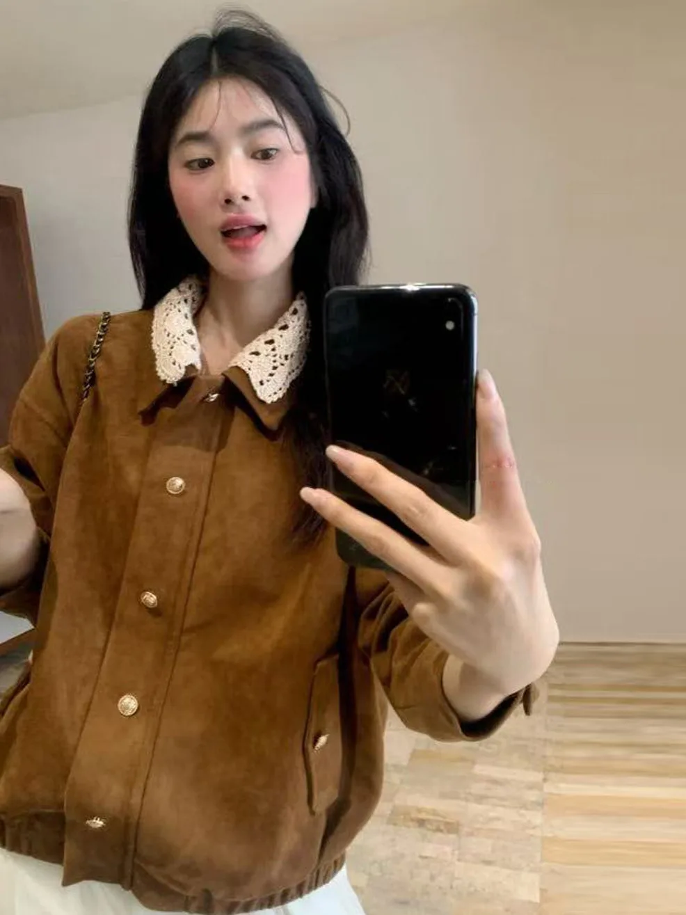 Removable Collar Brown Jacket Korean Style Spring Autumn Winter Women's Fashion Outerwear Campus Street Style Travel Date