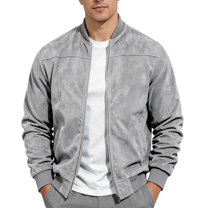 Herren-Bomberjacke aus Kunstwildleder mit Reißverschluss, Stehkragen, langen Ärmeln, lässige Oberbekleidung für Herbst und Winter. – Detail 7