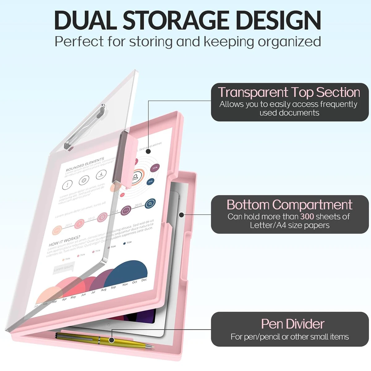 Pink Project Folder, Clipboard with Storage, 2 Storage Spaces, Dry Erase Plastic Clipboard