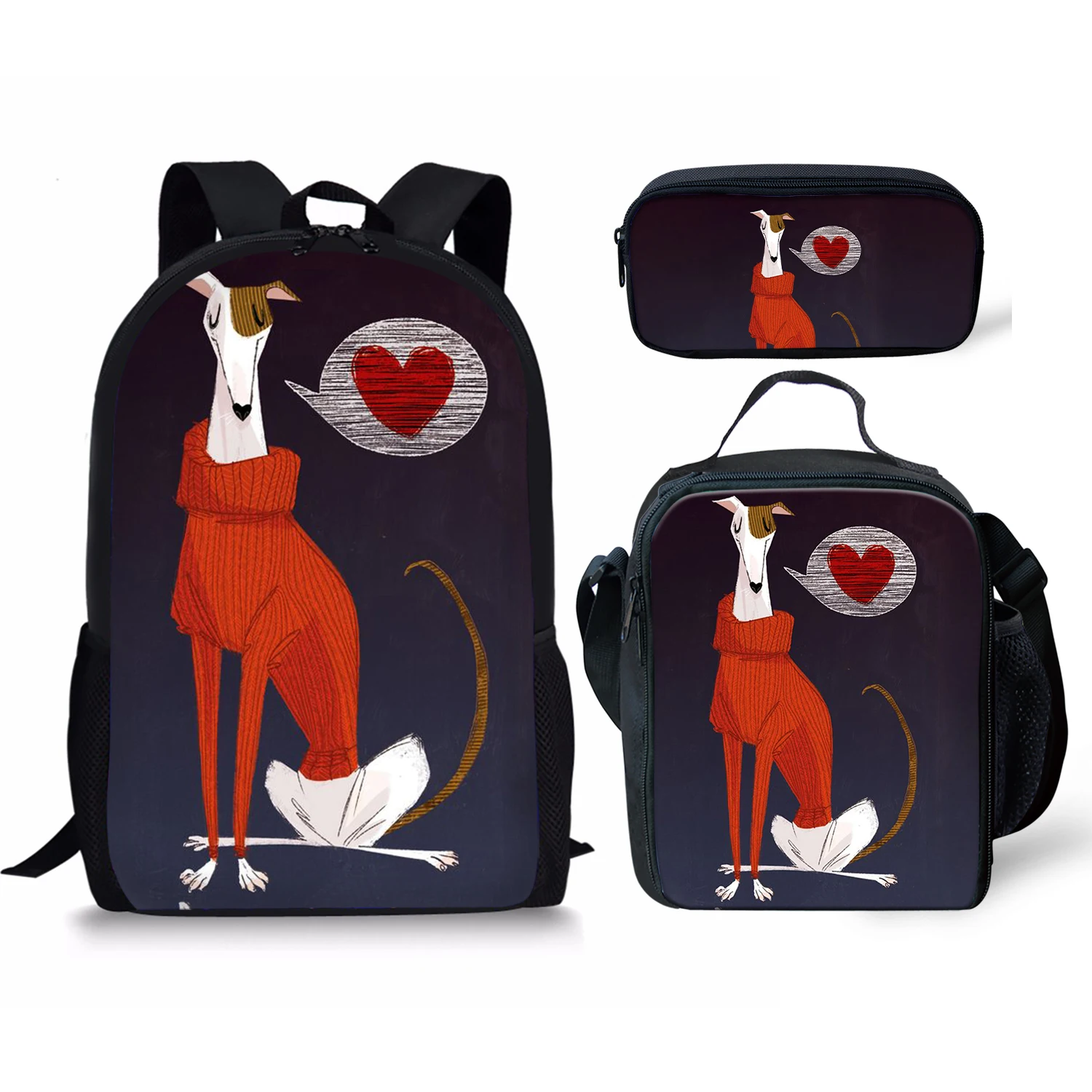 Trendy Popular Novelty Peculiar Grehoud 3D Print 3pcs/Set Student School Bags Laptop Daypack Backpack Lunch bag Pencil Case