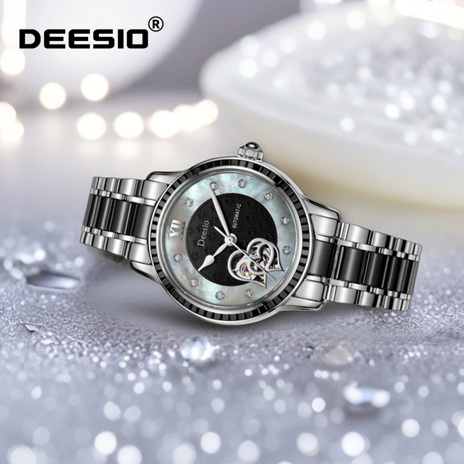 Deesio Women's Automatic Heart Hollow Watch Ceramic Band Elegant 3ATM Waterproof Fashion Wristwatch for Ladies Valentine Gift