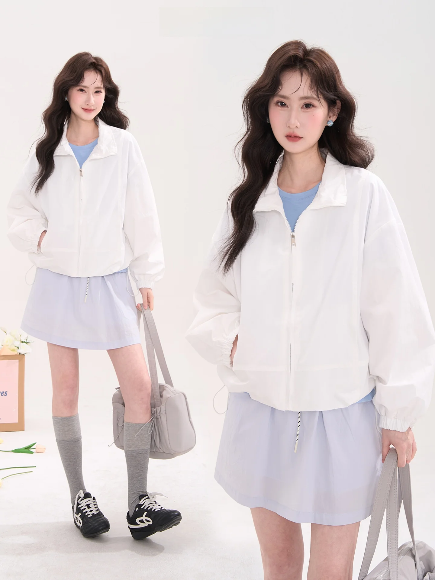 

Minimalist Comfortable Zipper Stand Collar Jacket Women's Spring Outerwear Heme Flower Field Window Polyester Cotton Nylon