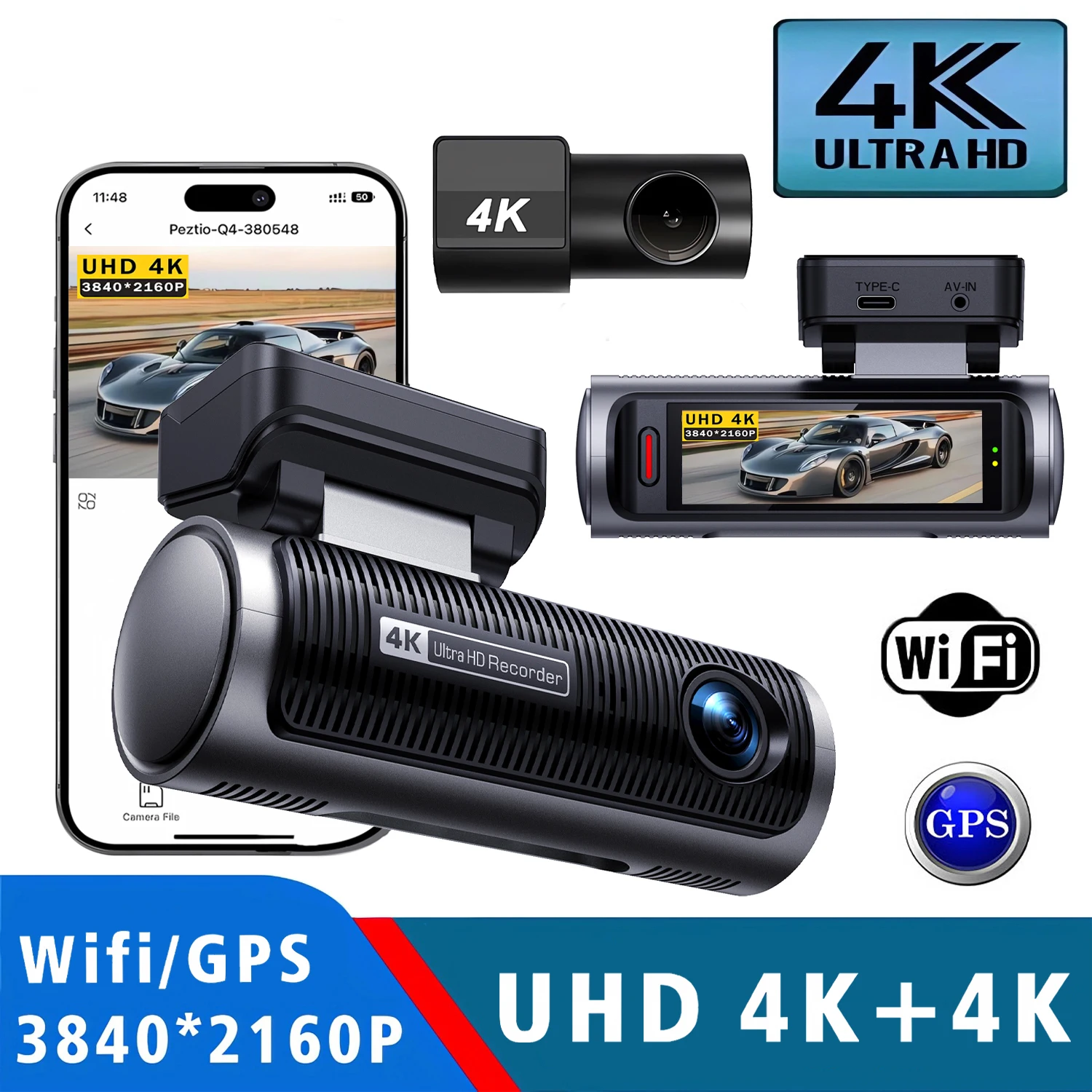 Dash Cam UHD 4K+4K Front And Rear Dual Lens 3840*2160P Car DVR Camera WiFi GPS Dashcam Black Box Video Recorder Night Vision