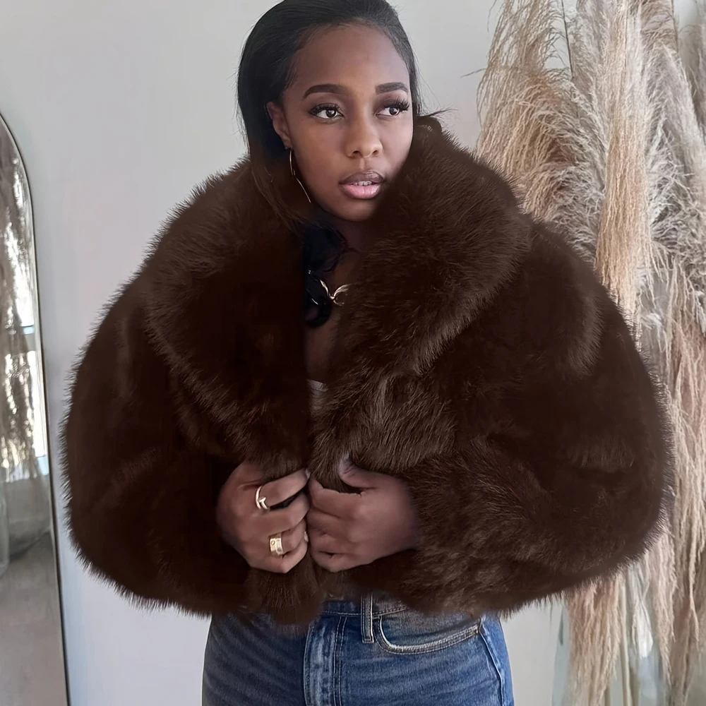 

Winter Woman Clothes Thick Faux Fur Cardigan Turn Down Collar Long Sleeve Fluffy Jacket Office Lady Short Coat Casual New 2025