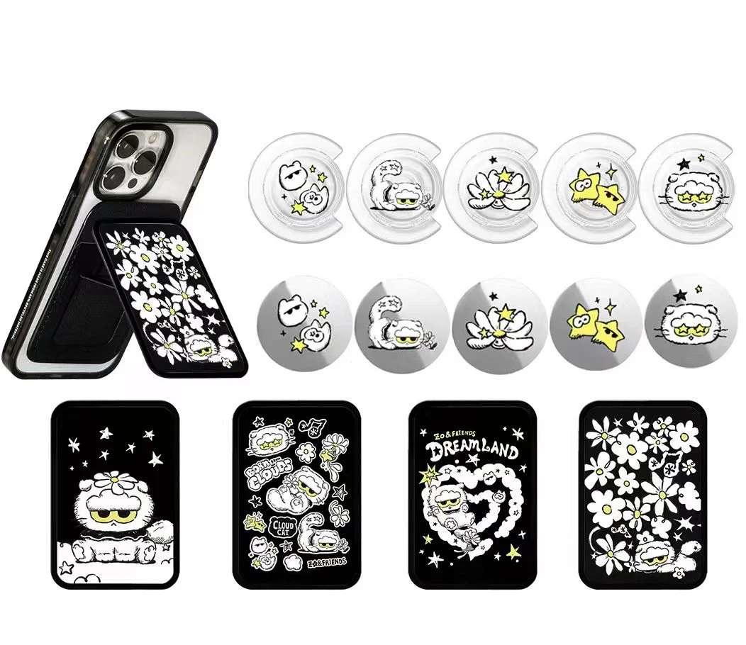 White Cat Flower Star Yellow Pattern Magnetic Phone Grip Card Holder Stand for IPhone 13 14 15 16 17 18 Pro Max Case