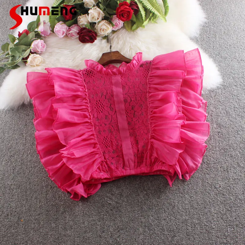 

Hollow-out Chiffon Stitching Sleeveless Shirt 2023 Summer Korean Style High Waist Short Ruffled Stand Collar Lace Blouse Fashion