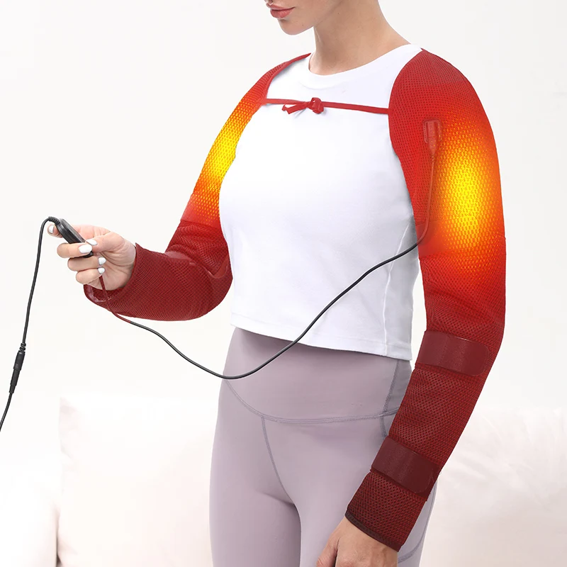 Verwarmingskussen voor schoudermassage, ultralange verwarmde polsbandage, elleboogverwarmingskussen met 3 trillingen en warmte-instellingen AC-adapter