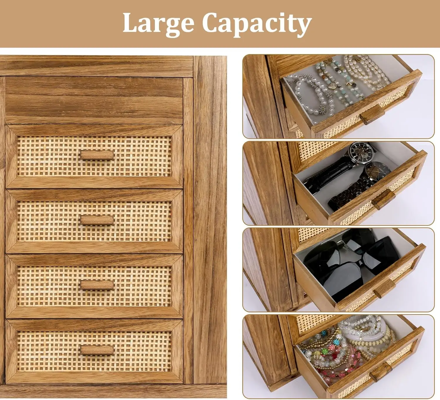 5-Layer Rattan Jewelry Box with Mirror & 4 Drawers, Wooden Organizer for Rings Earrings Necklaces Bracelets