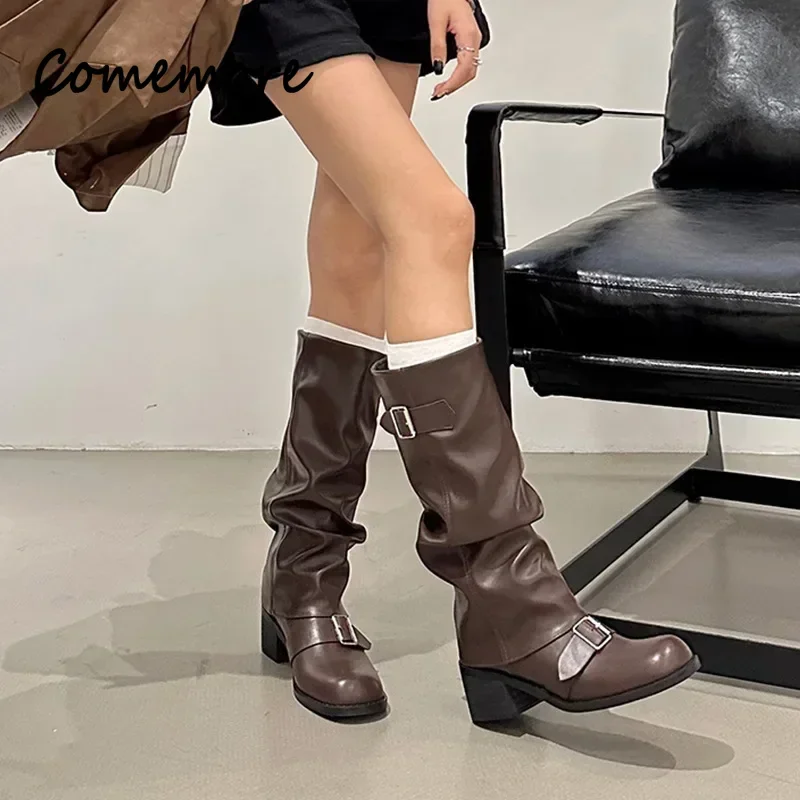 Comemore Autumn Women Biker Boots Fashion Belt Buckle Ladies Elegant Platform Long Pipe Booties Casual Women\'s Knee High Boots