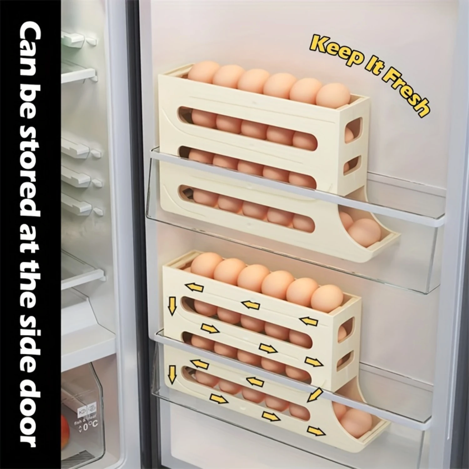 1pc Plastic Egg Tray with Automatic Rolling Rack, Non-Battery Large Capacity Refrigerator Egg  Container