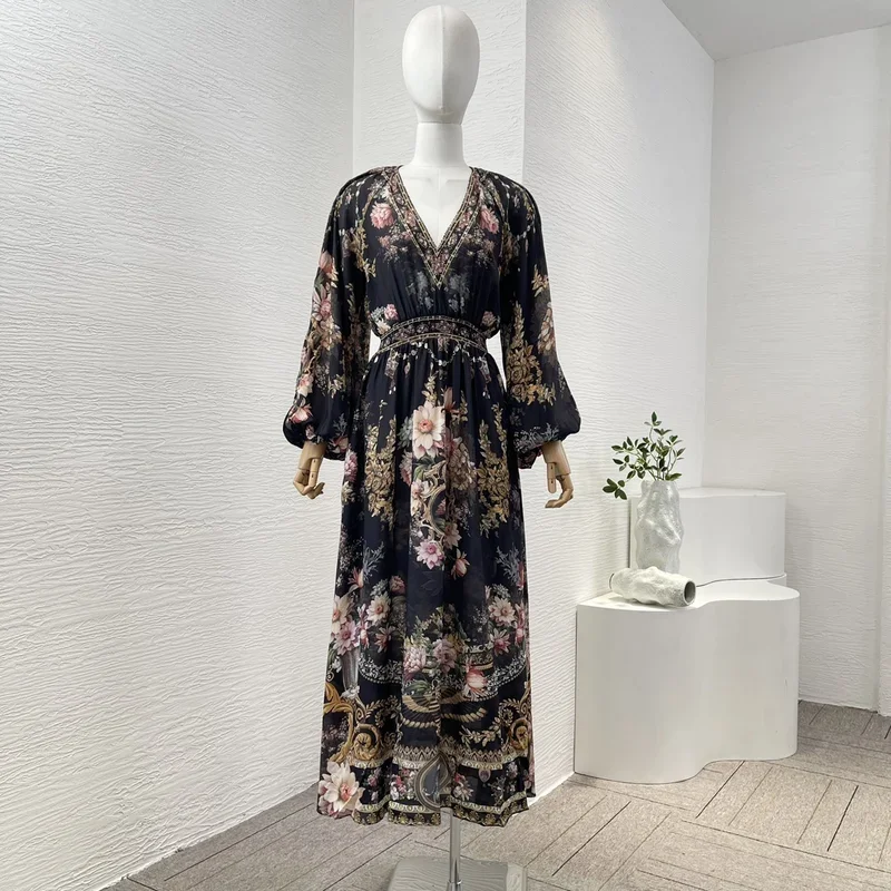 Silk high quality black women full lantern sleeve shirred graceful 2024 floral print V-neck midi dress