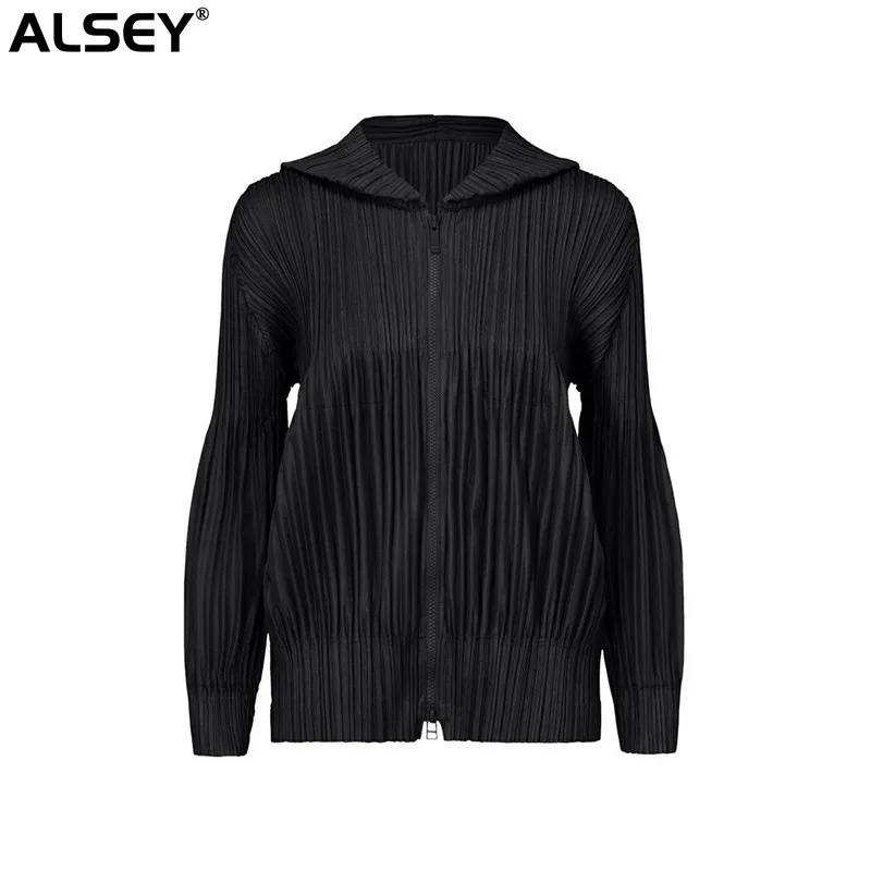 

ALSEY Miyake Pleated Puff Sleeve Short Jacket Women's High-end Loose Autumn Winter New Fashion Hooded Zipper Cardigan Top Women