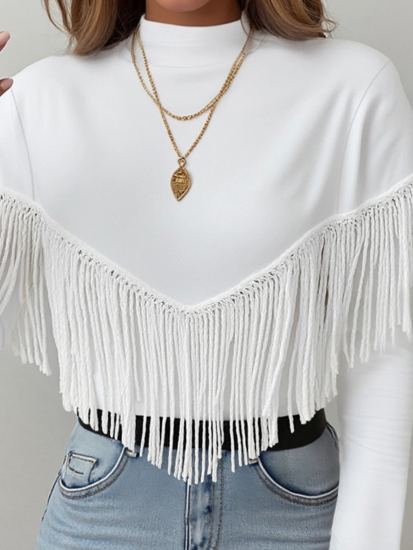 تي شيرت نسائي بأكمام طويلة موضة الخريف أساسي بلون سادة ورقبة وهمية كاجوال تي شيرت بتفاصيل شرابة