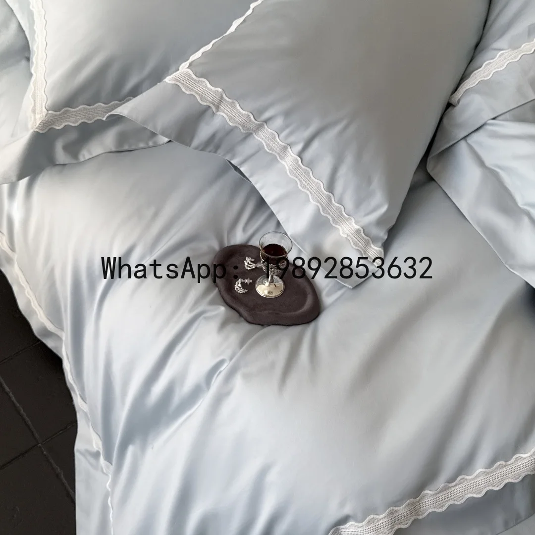 P25 Italian minimalist solid color 120 long-staple cotton four-piece cotton lace edge quilt cover 4