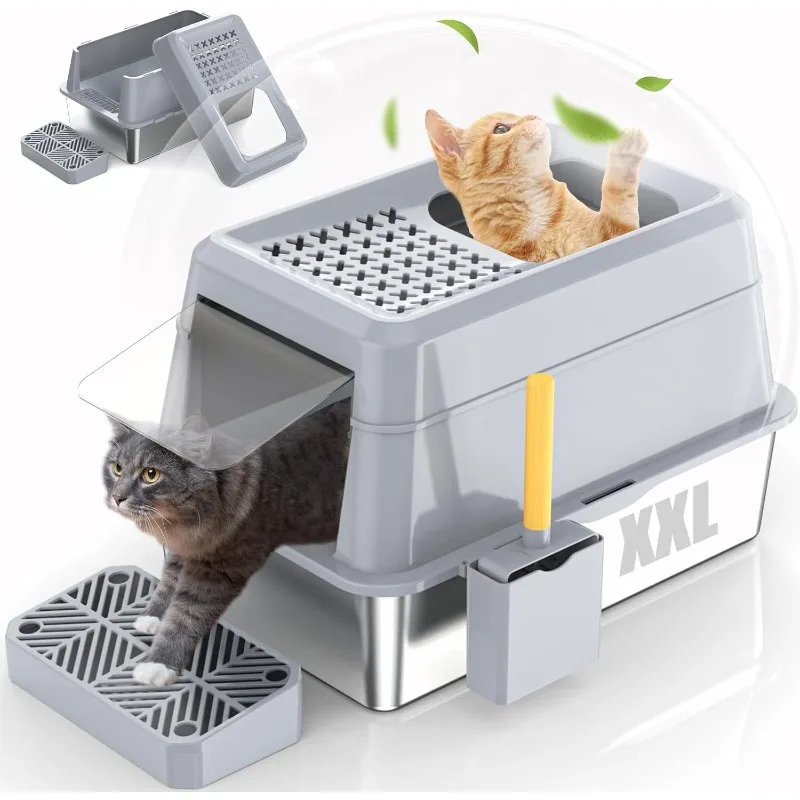 

Stainless Steel Cat Litter Box with Lip, XXL Extra Large Enclosed Removable Metal Litter Box for Big Cats, High Sided Enclosure
