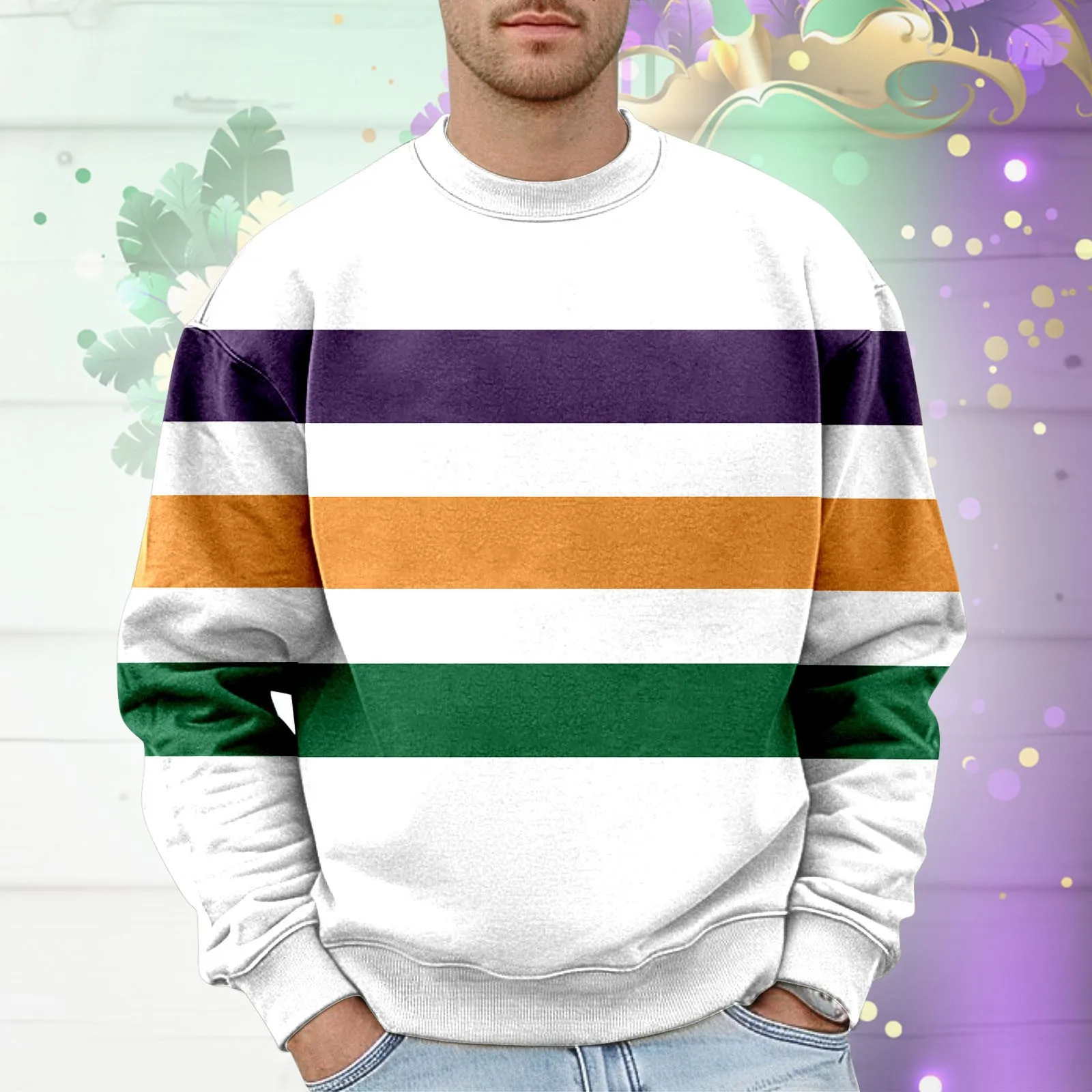 Men'S Us New Orleans Mardi Gras Themed Hoodless Sweatshirt Plus Size Hoodless Pullovers Oversized Print Holiday Clothing Tops