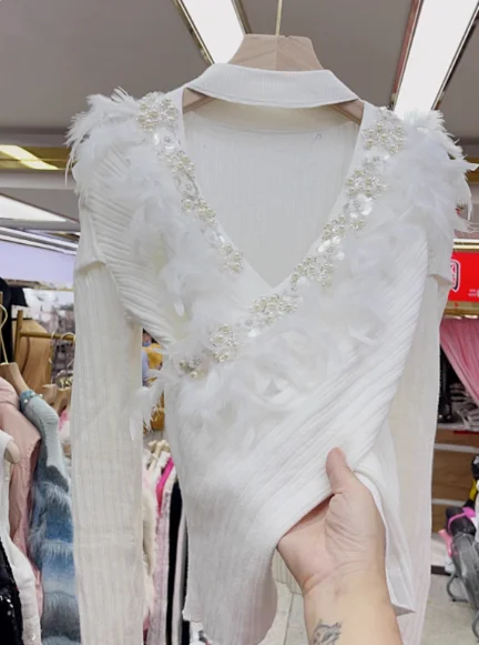 Suéter de punto con plumas y flores y lentejuelas para mujer, jersey de manga larga con cuello en V, ropa nueva de otoño 2023