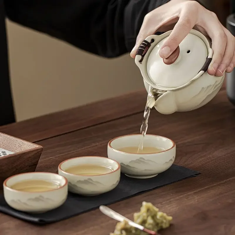 Portable Teaware Beige Ru Kiln Panda Landscape Camping Tea Set with Bag 1 Pot 3 Cups Handheld Tea Pot for Outdoor Travel Picnic