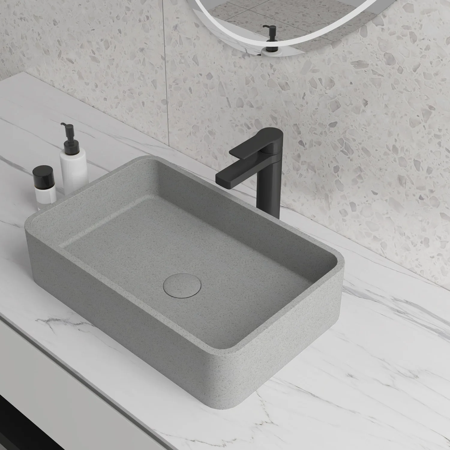 

Rectangle Concrete Vessel Bathroom Sink Handmade Concreto Stone Basin Counter Freestanding Bathroom Vessel Sink in Grey without