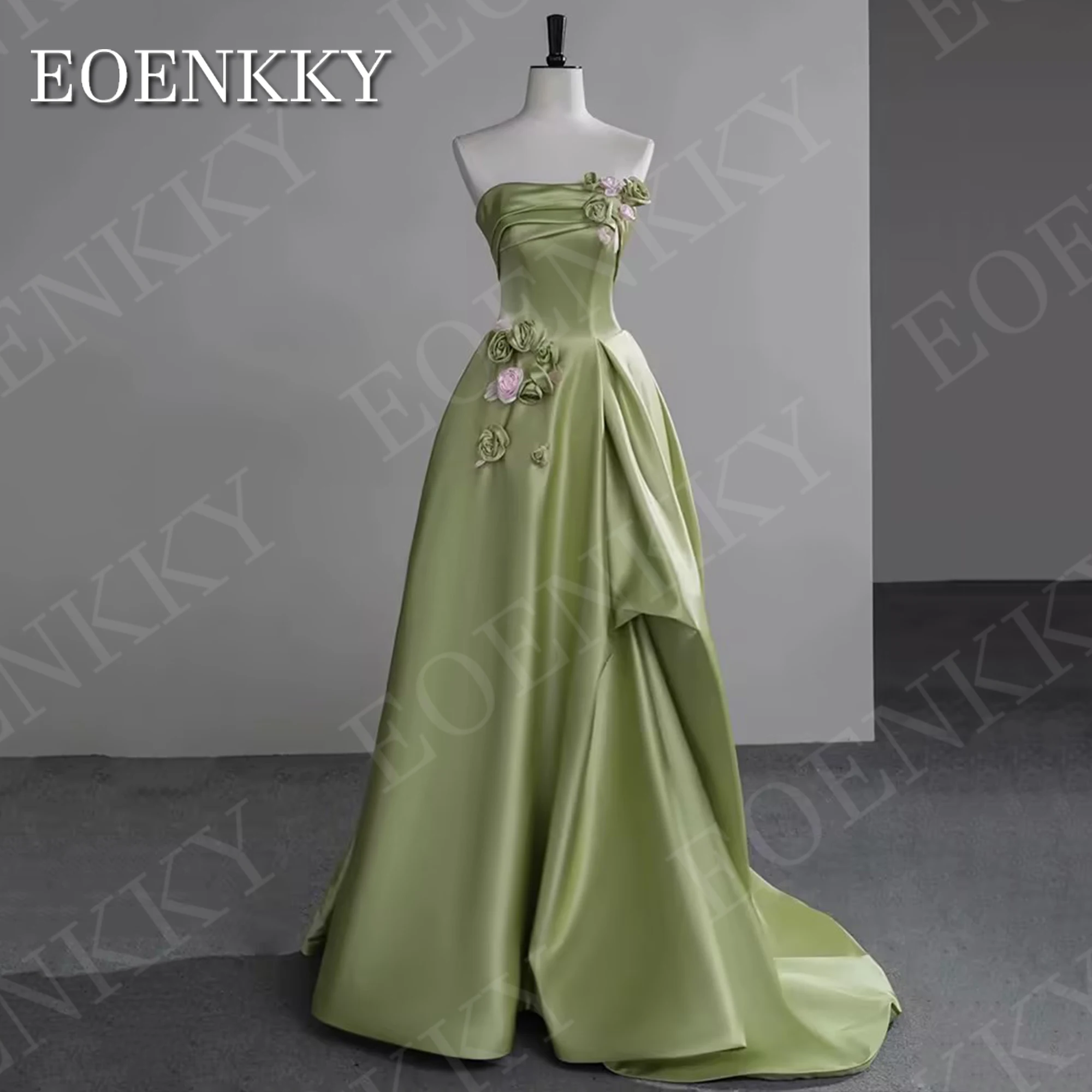 EOENKKY Elegant Satin Evening Dress Women Luxury 3D Flowers Prom Wedding Party Dresses Green A Line Backless فساتين سهره سعوديه