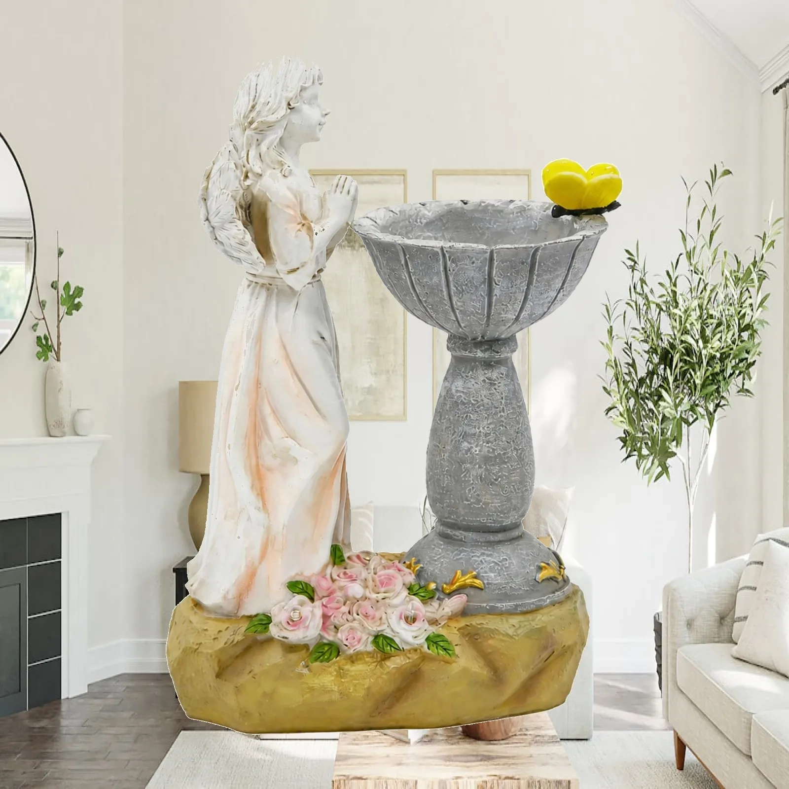 Solar Angel Courtyard Sculpture Resin Garden Statue with Planter Bowl for Outdoor Patio Decoration