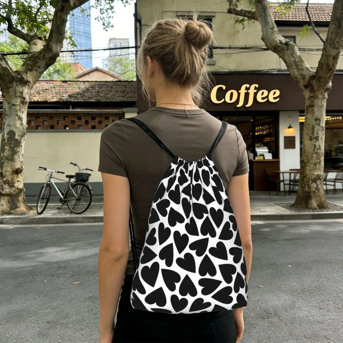 A Black Heart Shaped Pattern Backpacks Multi-function Drawstring Bundle Pocket Sports Bag Book Bags for Travel Students