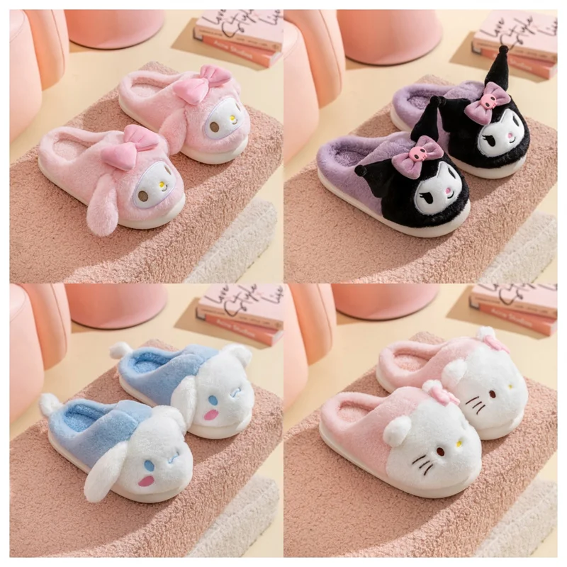 Sanrio Womens Winter Warm pantofole Cinnamoroll Hello Kitty Kuromi Melody Fluffy Cute Cartoon Cotton pantofole Homewear Shoes