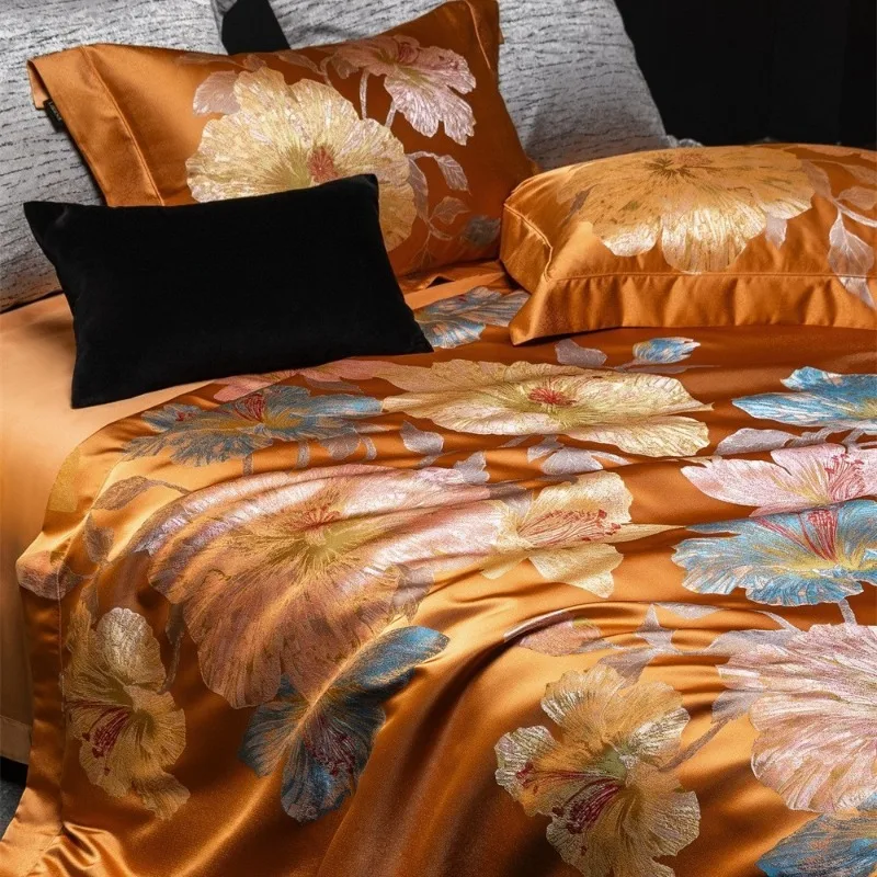 High-end colored woven jacquard gilt brocade four-piece set Tencel cotton quilt cover super soft nude light luxury bedding