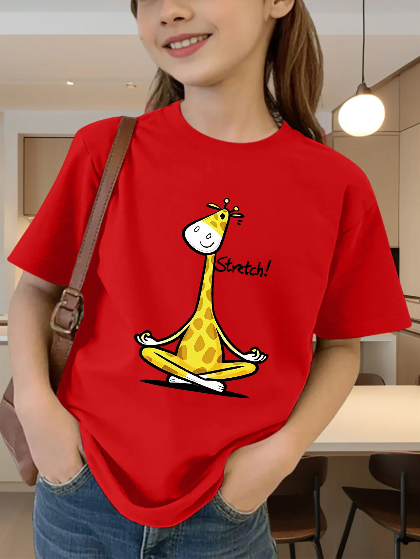 Cute Yoga Giraffe Stretch Letter Print Graphic Kids Tee Boys Girls Family Matching Cotton Crew Neck Short Sleeve Soft Summer Tee