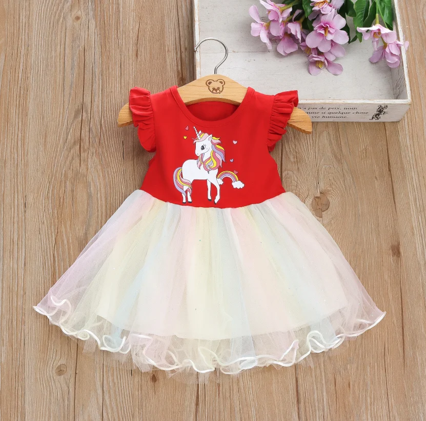 Summer Girls\' Sweet And Cute Flying Sleeved Foal Dress Cartoon Unicorn Dress Suitable For 0-3 Years Old