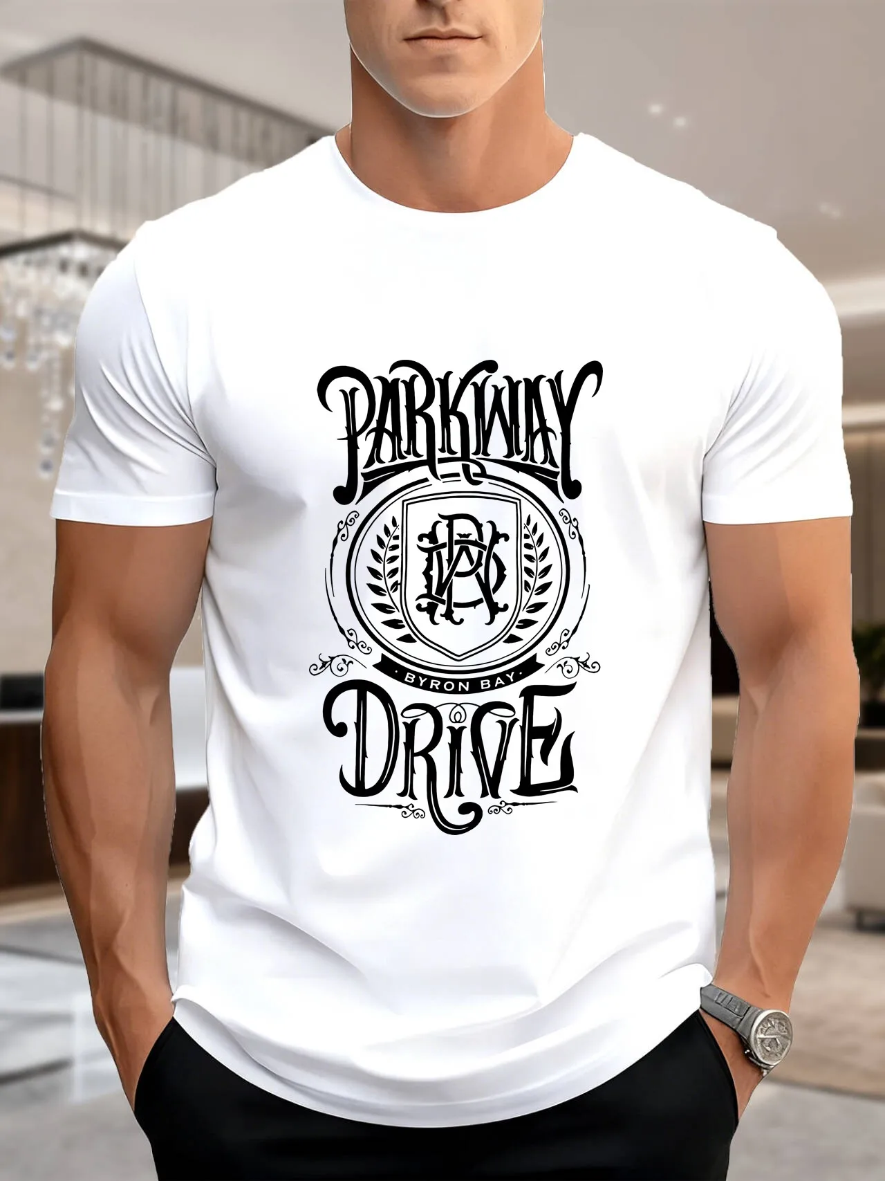 تي شيرت مطبوع بأكمام قصيرة للرجال، تصميم خلفية بيضاء نطاق جبل أحمر، 100% قطن مريح ومسامي، ملابس يومية غير رسمية #2