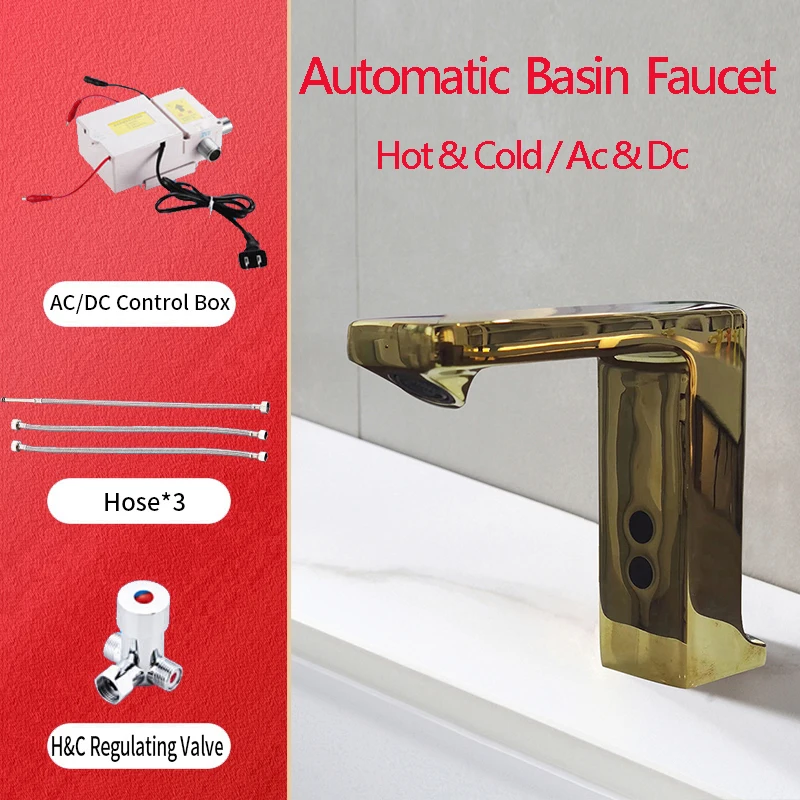 Golden color automatic smart basin faucet taps body full brass copper mixer water cold &hot suitable for bathroom