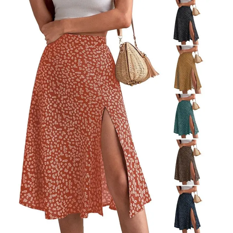 Summer 2023 Floral Print A-Line  Skirt Wrap around mid Waist Long Skirt Women's Fashion Polyester Fiber Printed Skirt