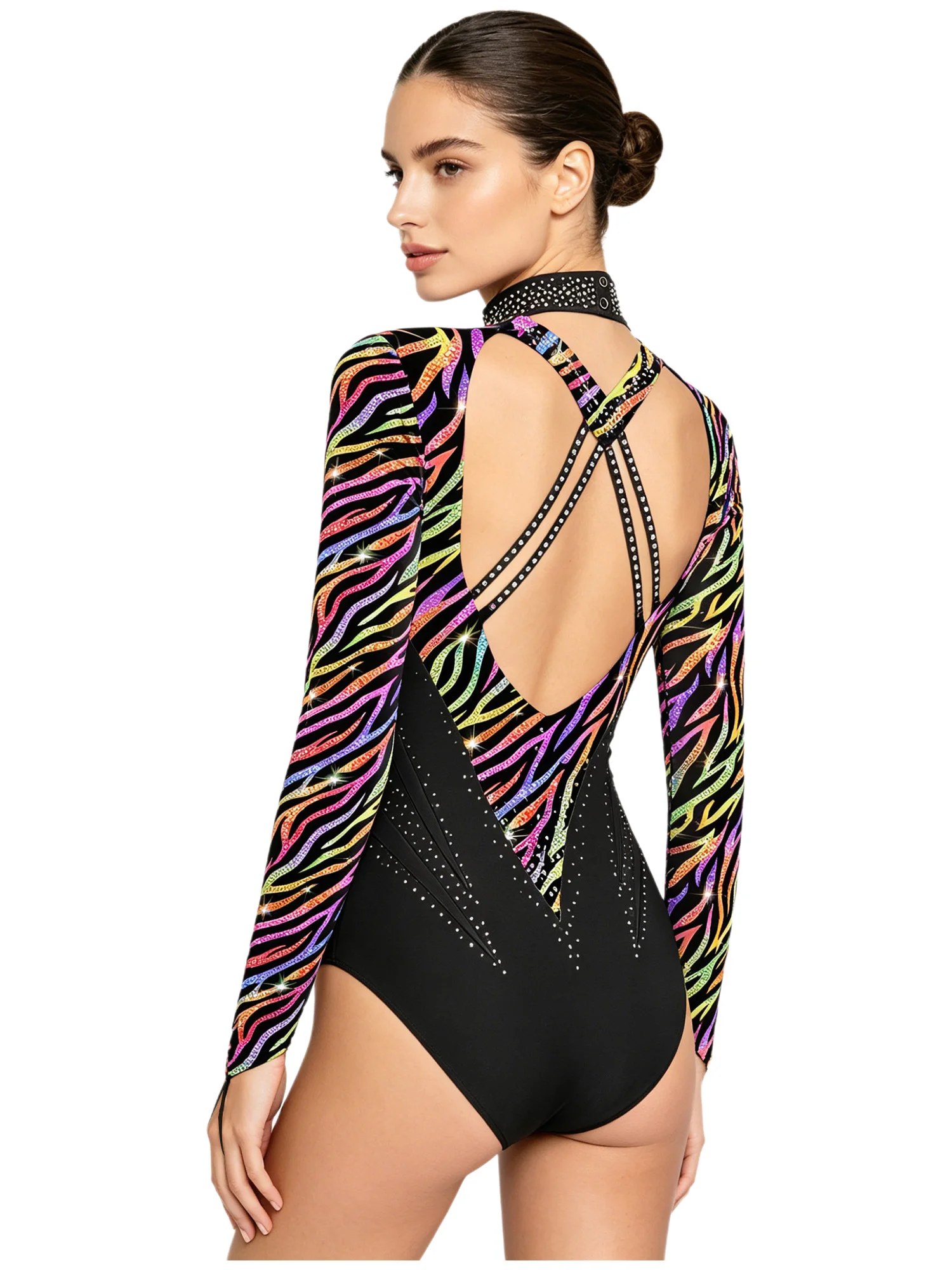 

Women Gymnastics Sparkly Rhinestones Leotard Front Cutout Strappy Backless Long Sleeve Bodysuit Jumpsuit for Dance and Skating