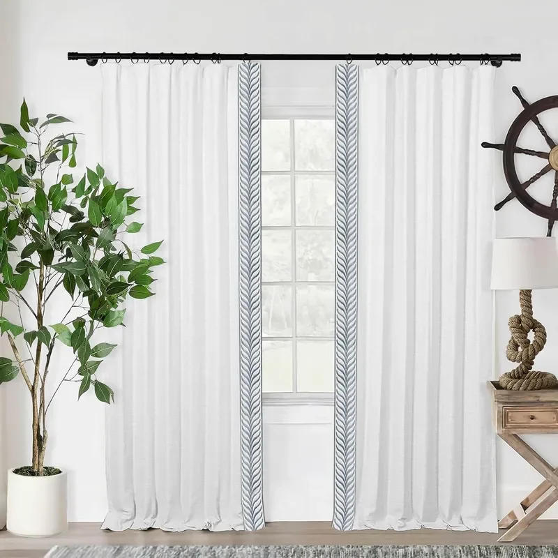 Blackout Curtains with Blue Embroidery Trim Linen Black Out Thermal Insulated Window Drapes with Hooks for Bedroom Farmhouse