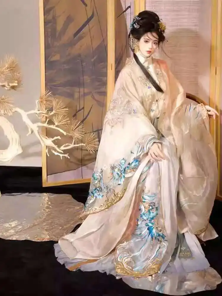 

Женщины Hanfu Yi Zhi Ge Hanfu [Сияющее сияние] Улучшенная тяжелая точка вышивки Элемент Хань Стиль династии Мин с большим рукавом