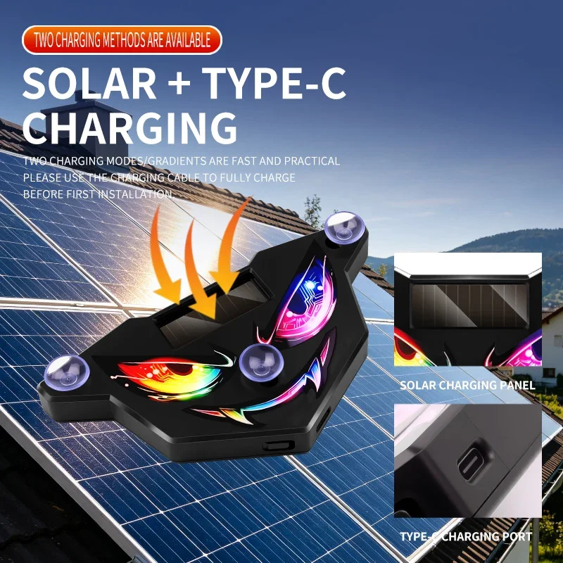 Solar Power Devil Eye Car Lights Demon's Eye Dynamic Expression LED Light With Suction Cup Rechargeable Ambience Lamp Decoration
