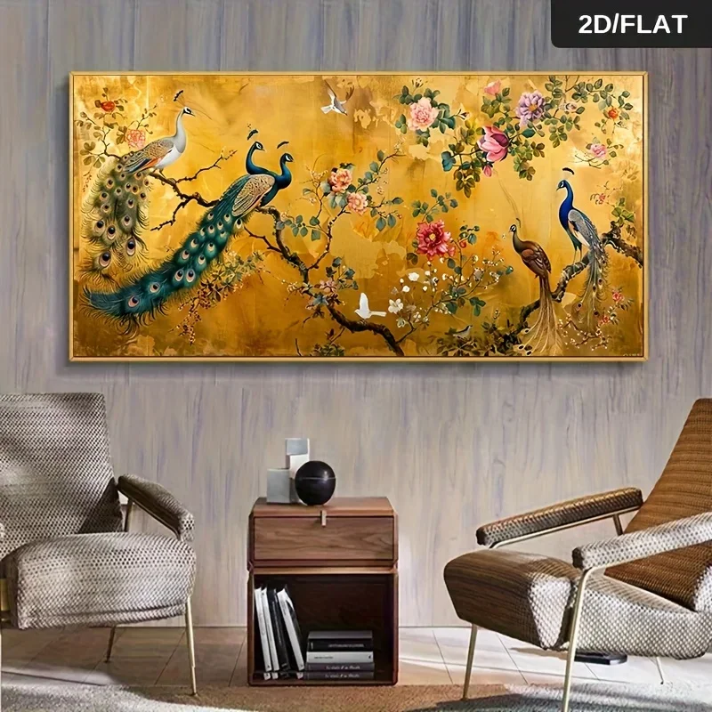 1pc frameless Canvas Painting Frameless Modern Abstract Peacock and Floral Canvas,Gilded Background Decor Living Room,Vibrant Co